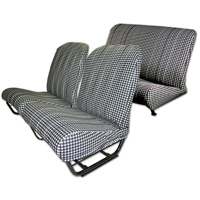 Set di rivestimenti per sedili Citroën 2CV modello Charleston Pied de Poule, con schienali anteriori ad angolo tondo e pattern a spina di pesce in bianco e nero, specifico per i modelli pre-serie degli anni '80-'81