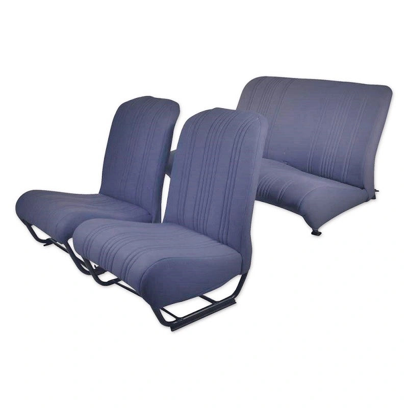 Set di rivestimenti per sedili in stoffa Blue Marine per Citroen 2CV e Dyane con schienali anteriori arrotondati, mostrando un design elegante e moderno per aggiornamento interno auto classica.