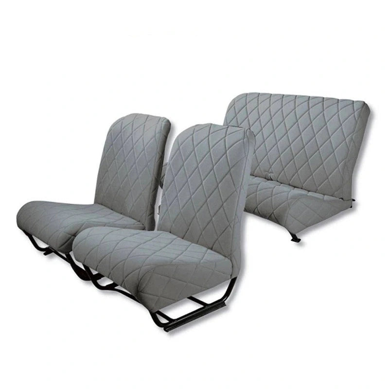 Set di rivestimenti Charleston in stile trapuntato grigio per Citroen 2CV, realizzati in Italia, evidenziando eleganza e comfort per l'abitacolo.