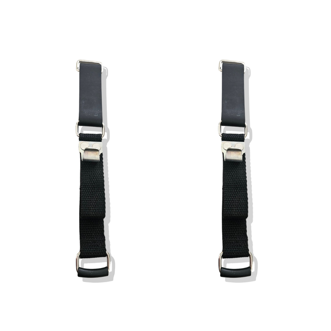 Coppia di cinghie nere in tessuto e gomma con ganci metallici per il fissaggio del pannello ripiano bagagliaio Citroën Dyane.