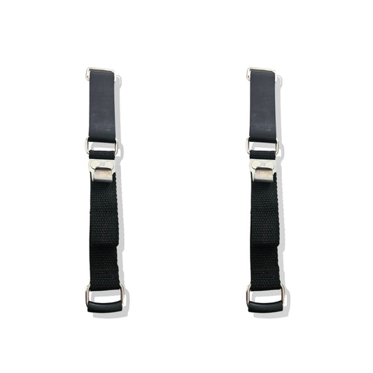 Coppia di cinghie nere in tessuto e gomma con ganci metallici per il fissaggio del pannello ripiano bagagliaio Citroën Dyane.